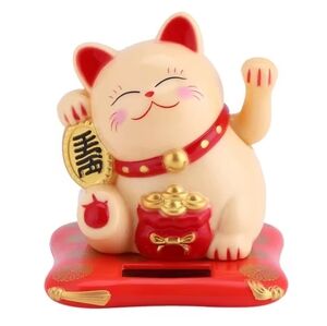 Maneki Neko Cat Figurine - Cream and Red